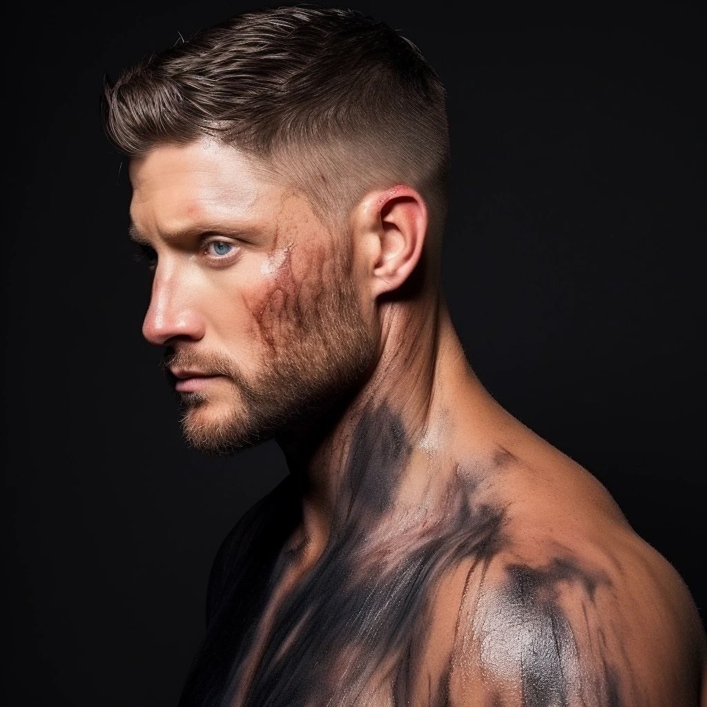 Side profile of a shirtless stubbled man with dirt on his shoulder