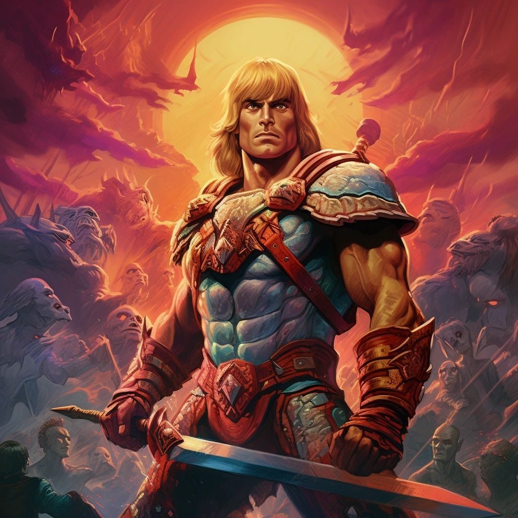 Painting of a blond barbarian warrior hero with a sword before a fiery sky