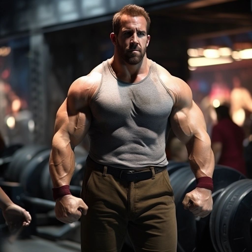A muscular man in a grey vest standing in a gym