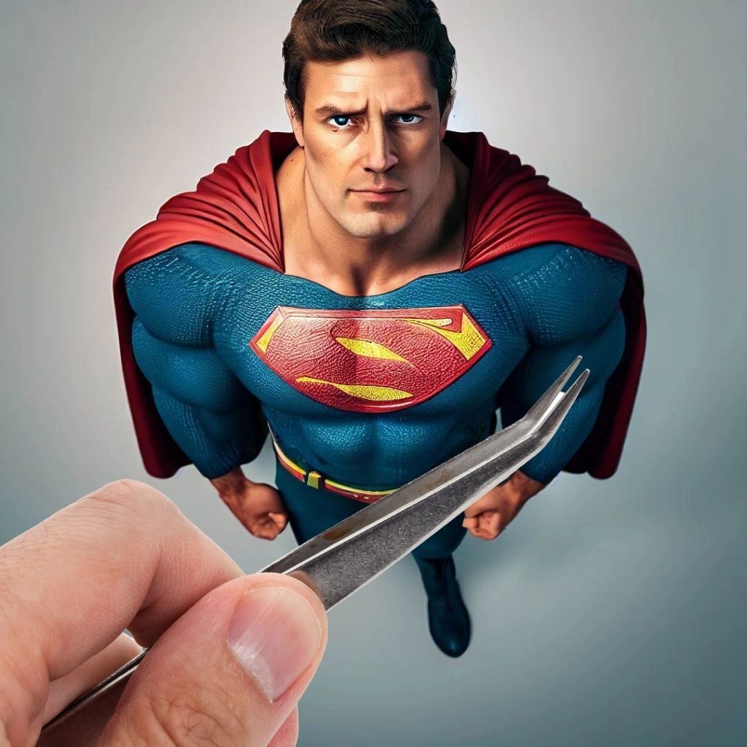 A tiny Superman-style hero being picked up with tweezers by a giant hand