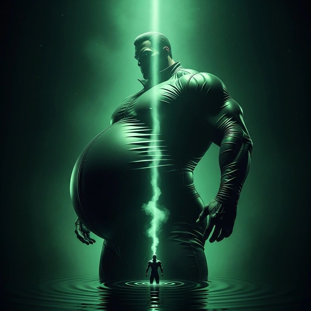 A giant man with a hugely inflated belly glowing green, a tiny man standing at his feet