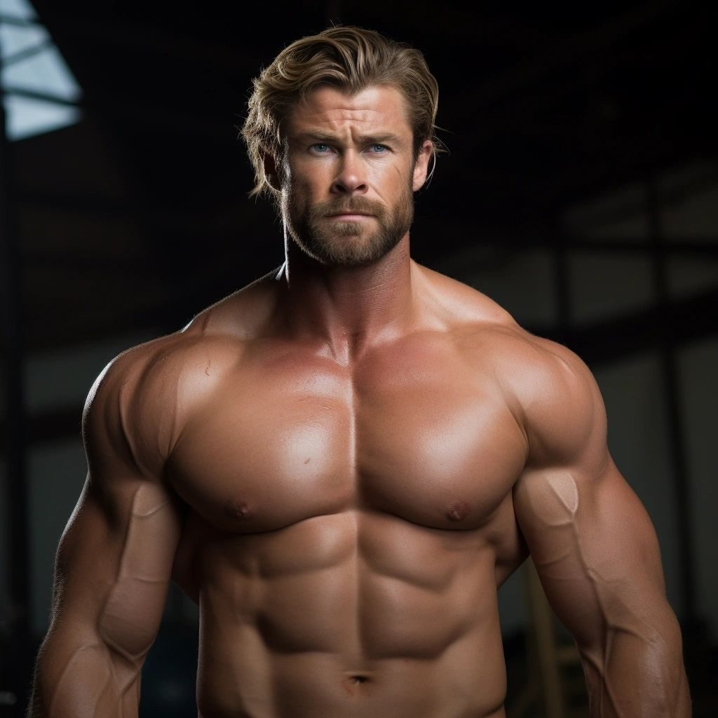 A shirtless muscular man with swept-back hair in a dim warehouse