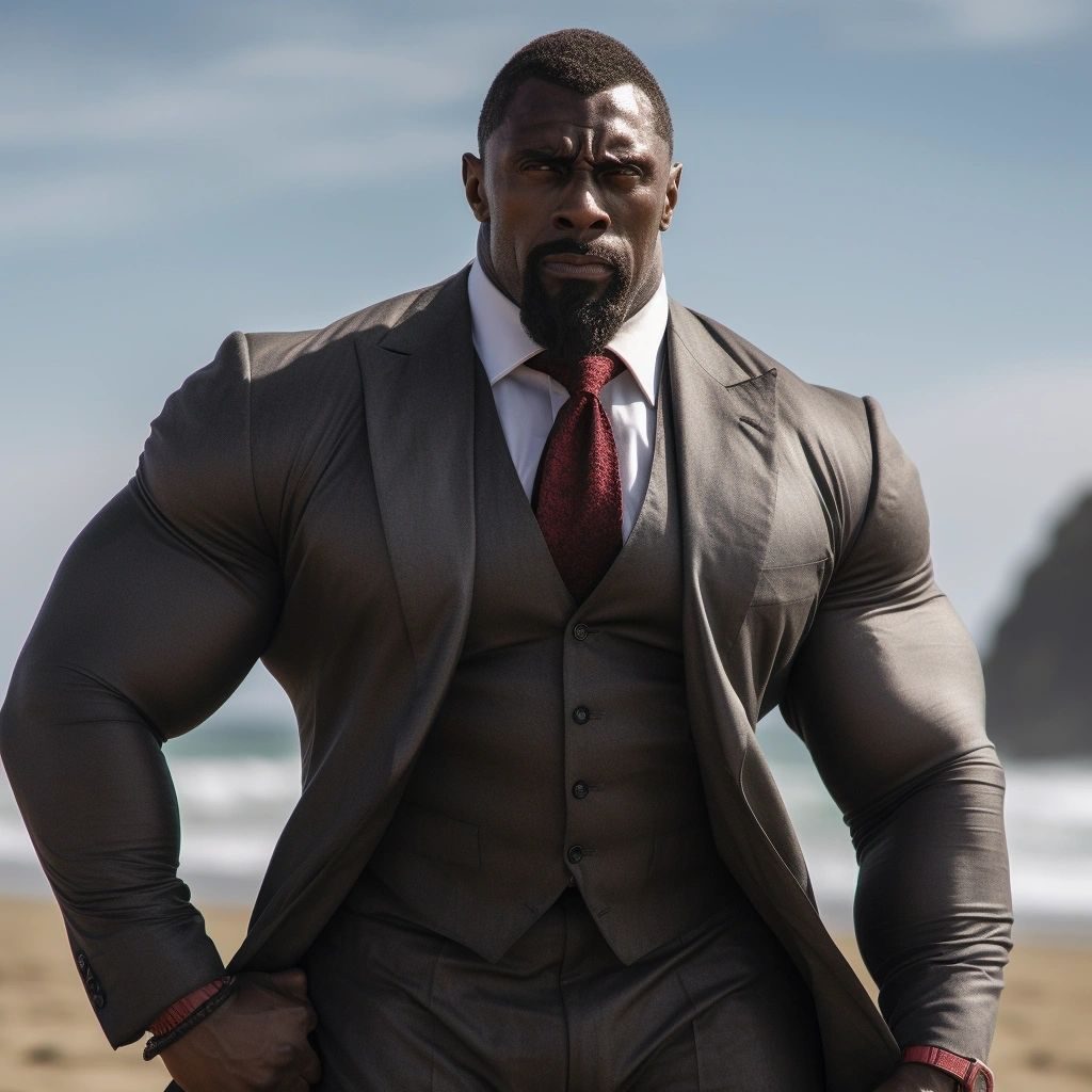 A huge muscular man in a tight three-piece suit and red tie on a beach