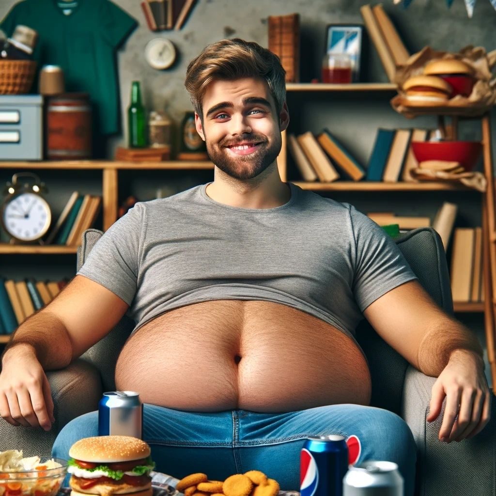 A cheerful bearded man with a large bare belly in an armchair surrounded by junk food