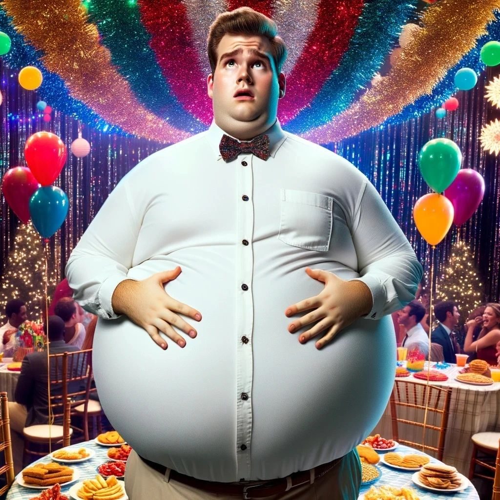 A very rotund man in a white shirt and bow tie at a party, his belly bursting
