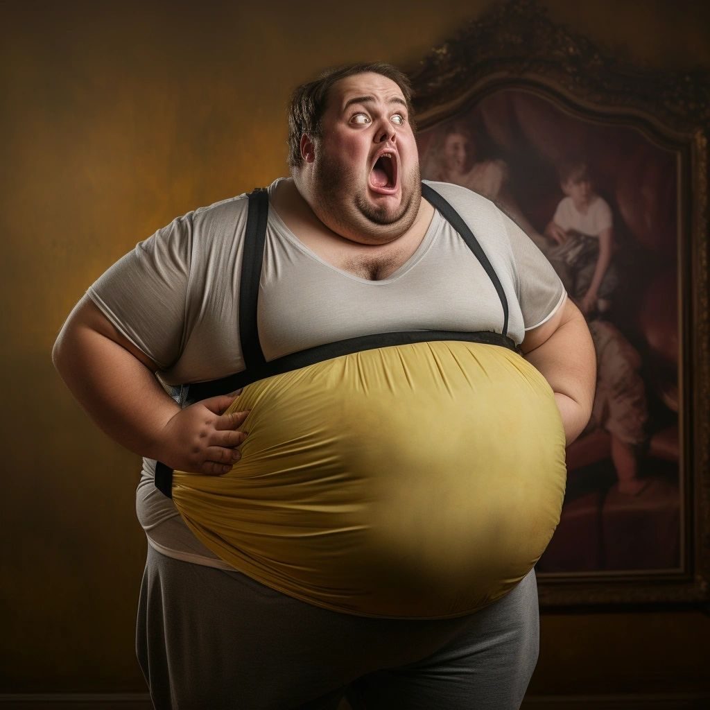 An obese man in a straining yellow shirt and braces gasping in surprise