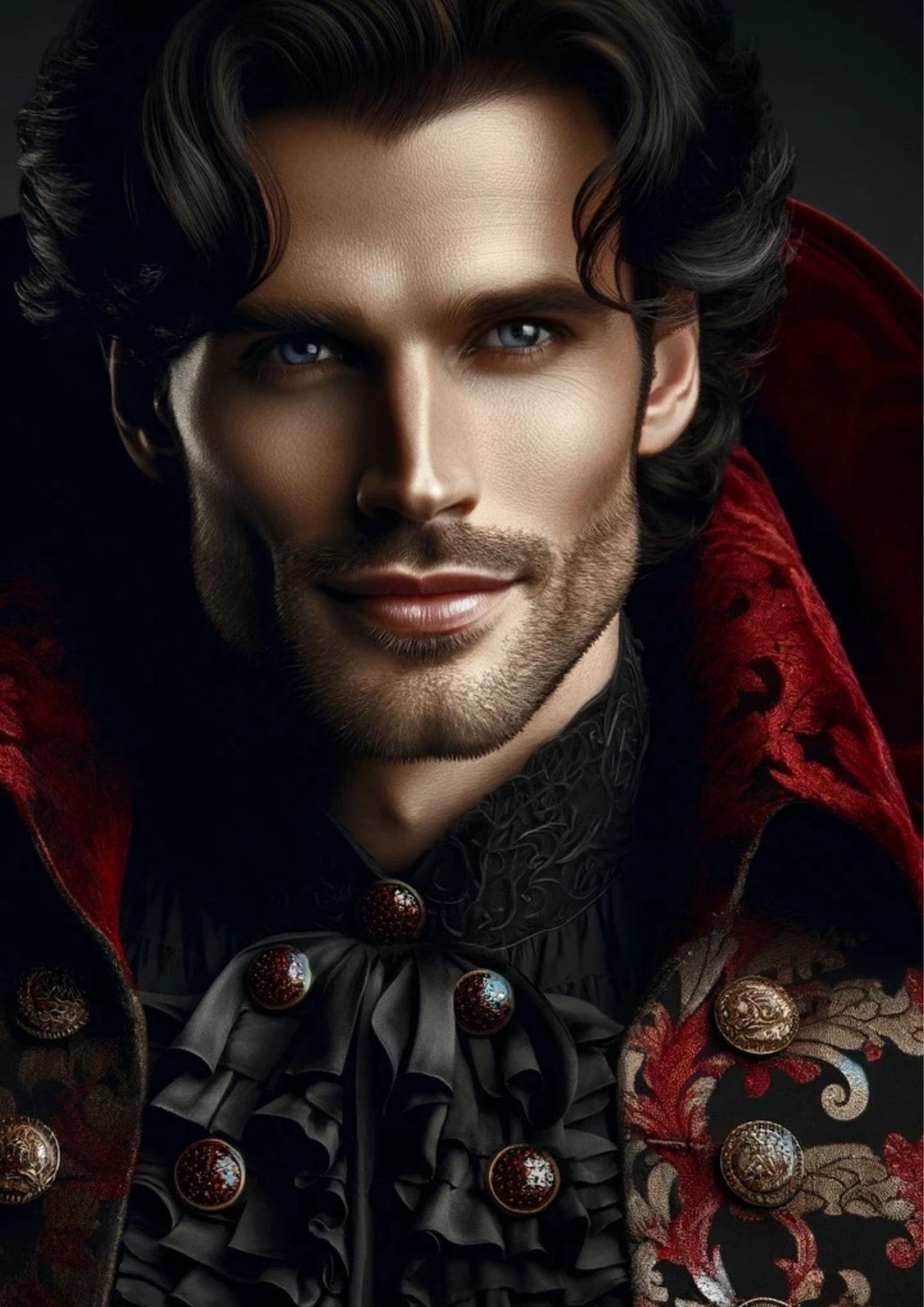 A dark-haired man with a confident smile in a red and black Victorian-style costume