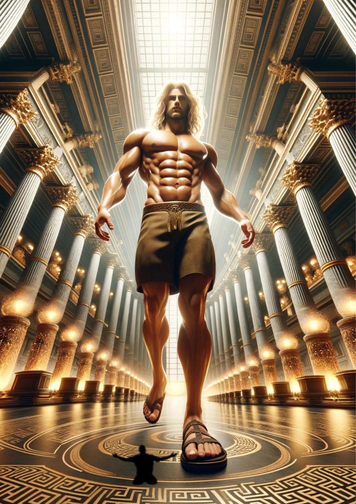 A giant muscular god in shorts and sandals in a columned temple, a tiny man at his feet