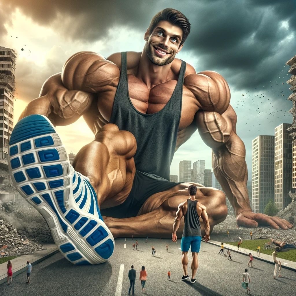 A giant muscleman in a vest sitting among skyscrapers, tiny people on the road by his trainer
