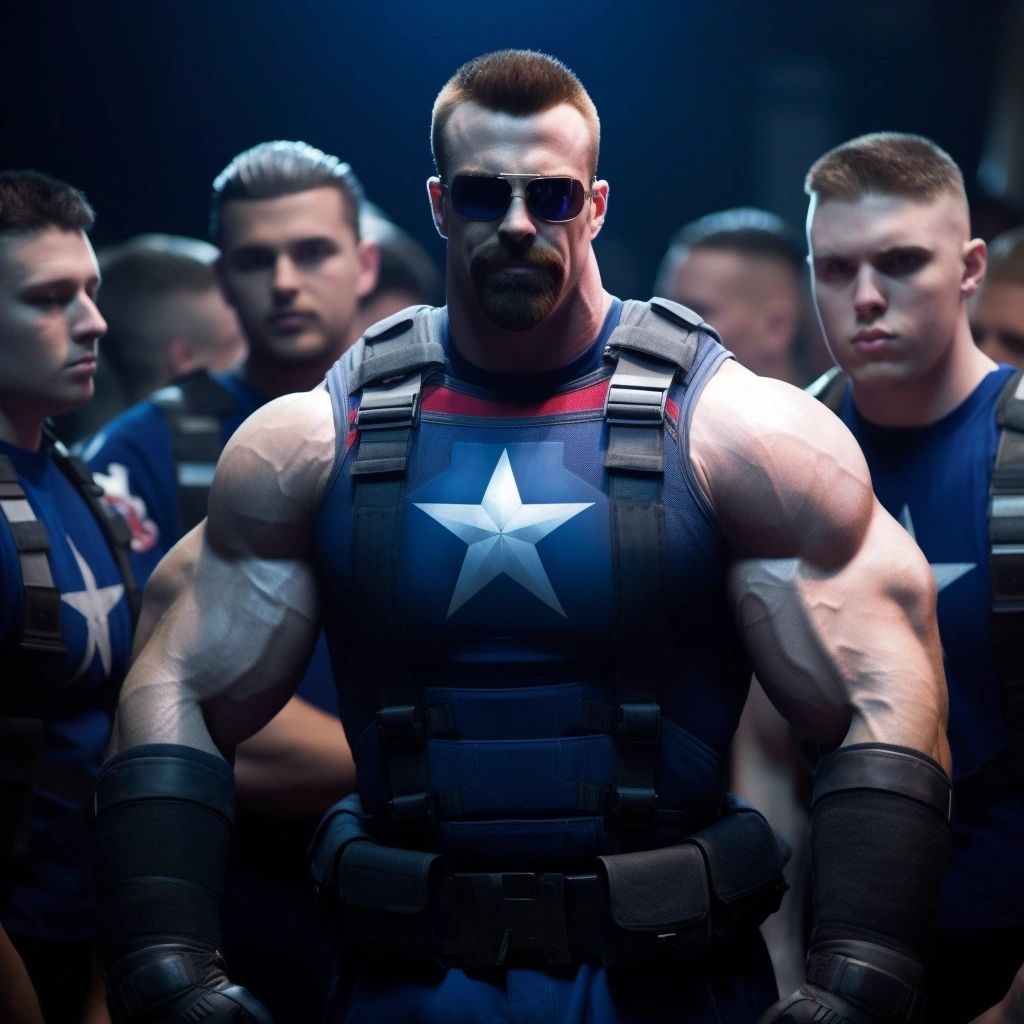 A huge muscleman in sunglasses and a star-emblazoned tactical vest among soldiers