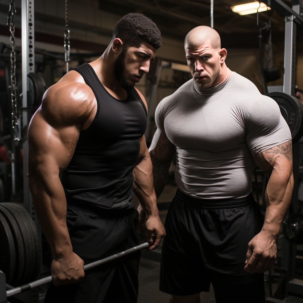 Two muscular men in a gym, one in a black vest, one bald in a tight grey T-shirt
