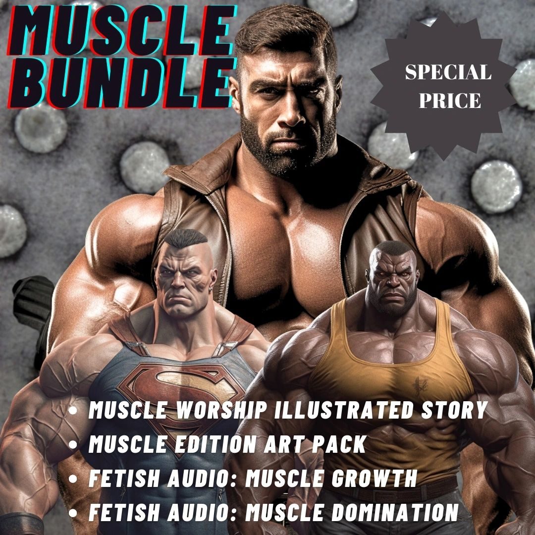 Cover of the Muscle Bundle at a special price, three bodybuilders above a list of stories and audios
