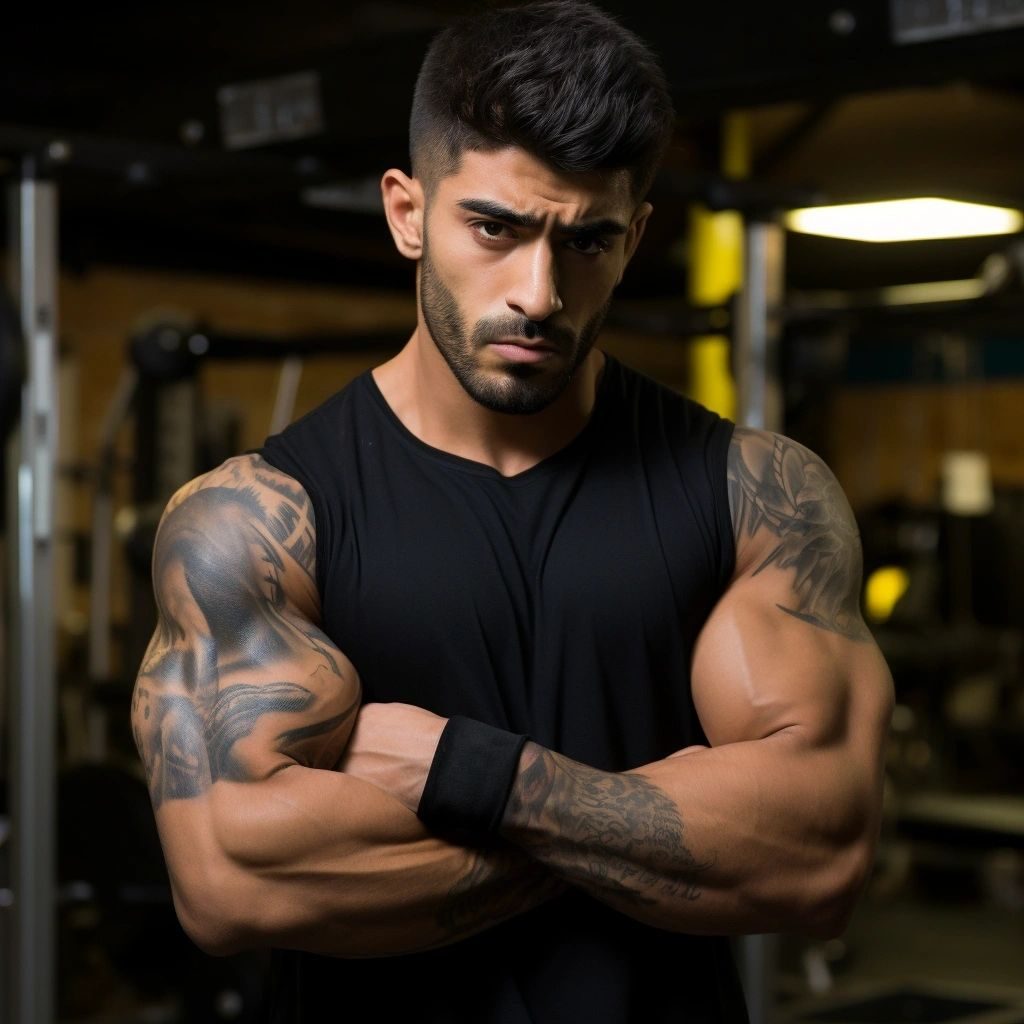 A tattooed man in a black vest with folded arms in a gym