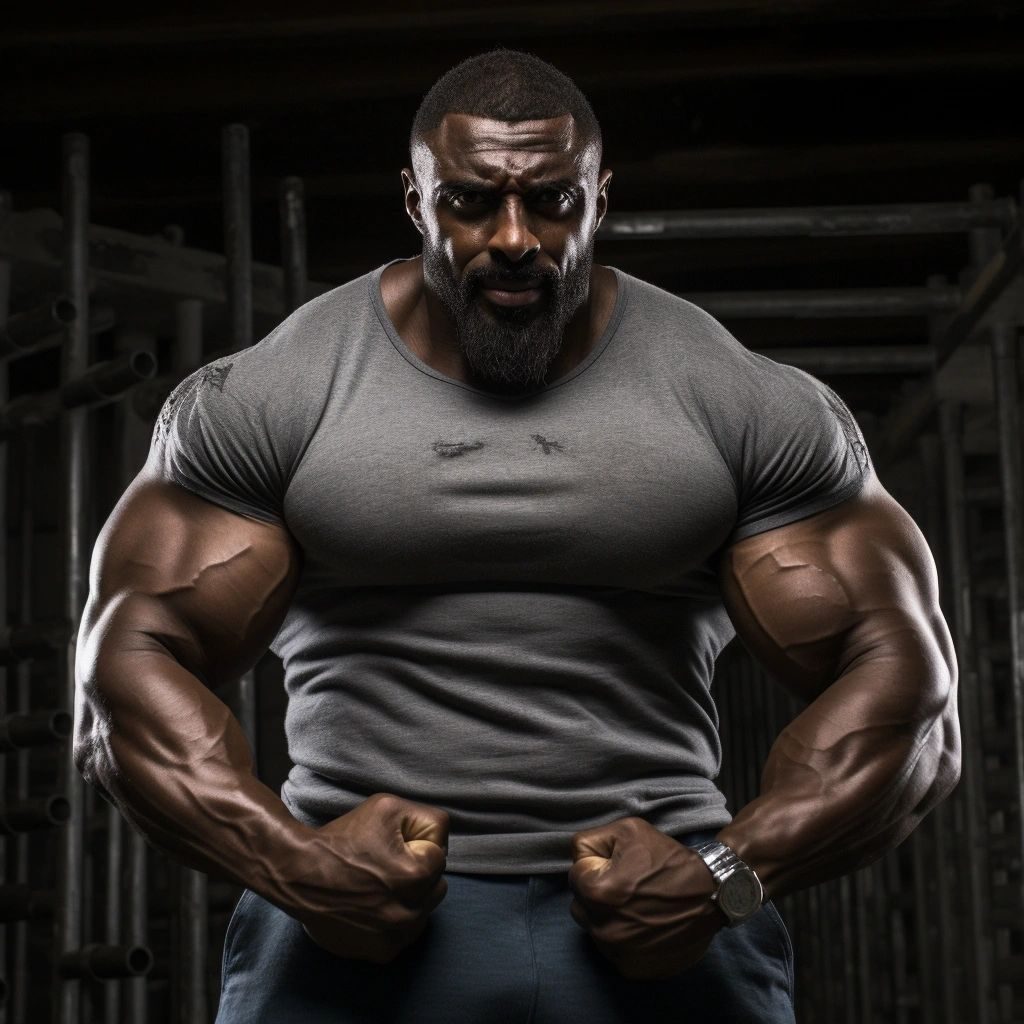 A huge bearded muscular man in a grey T-shirt in a gym