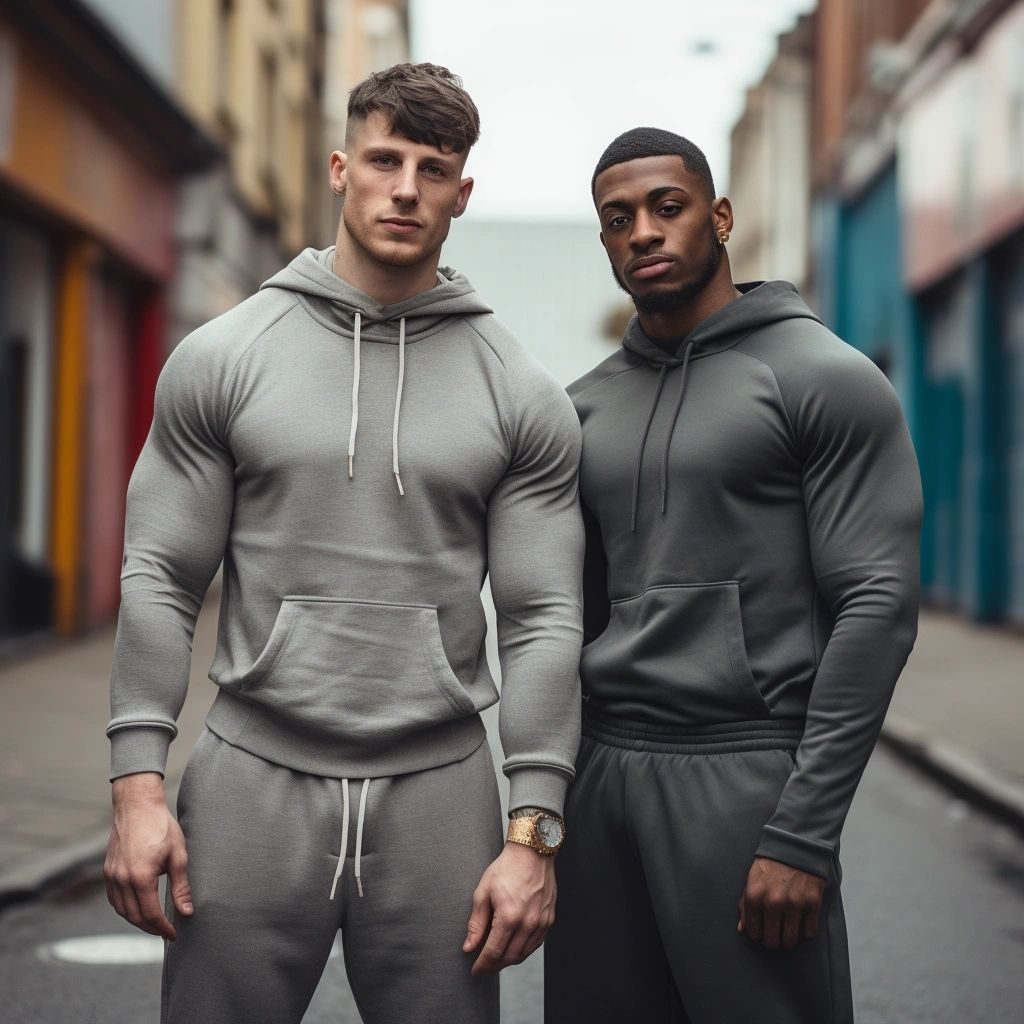 Two muscular men in grey hoodies and joggers standing in a street