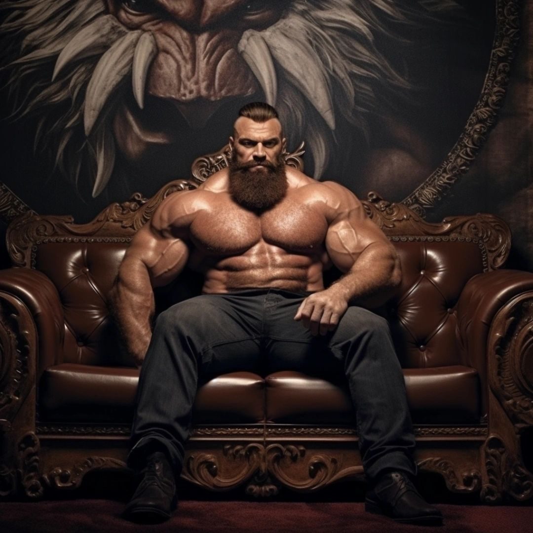 A bearded shirtless muscleman seated on an ornate leather sofa like a throne