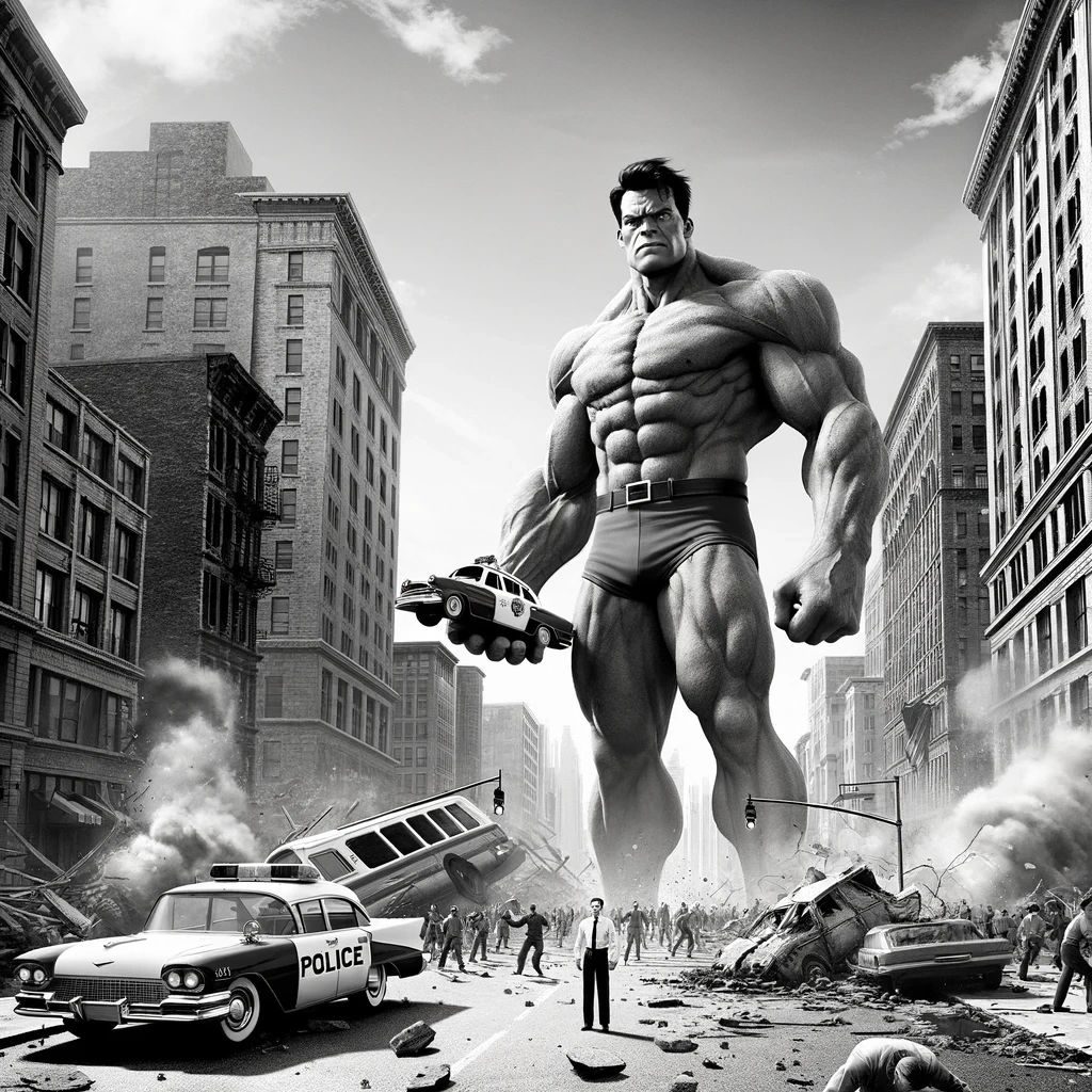 Black-and-white art of a giant muscleman wrecking a city street, holding a police car