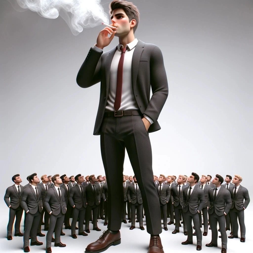 A giant man in a suit smoking a cigarette, towering over a crowd of businessmen