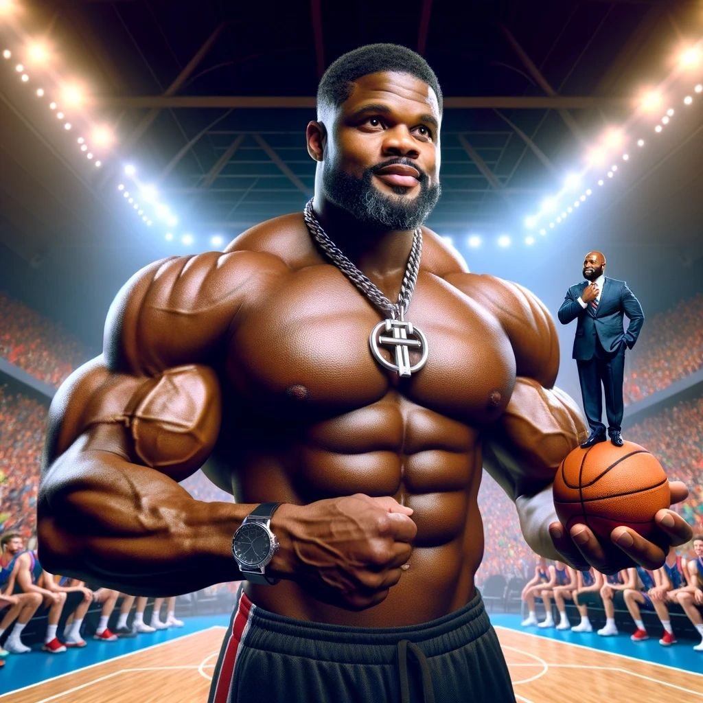 A muscular basketball player in an arena holding a tiny man in a suit on his palm