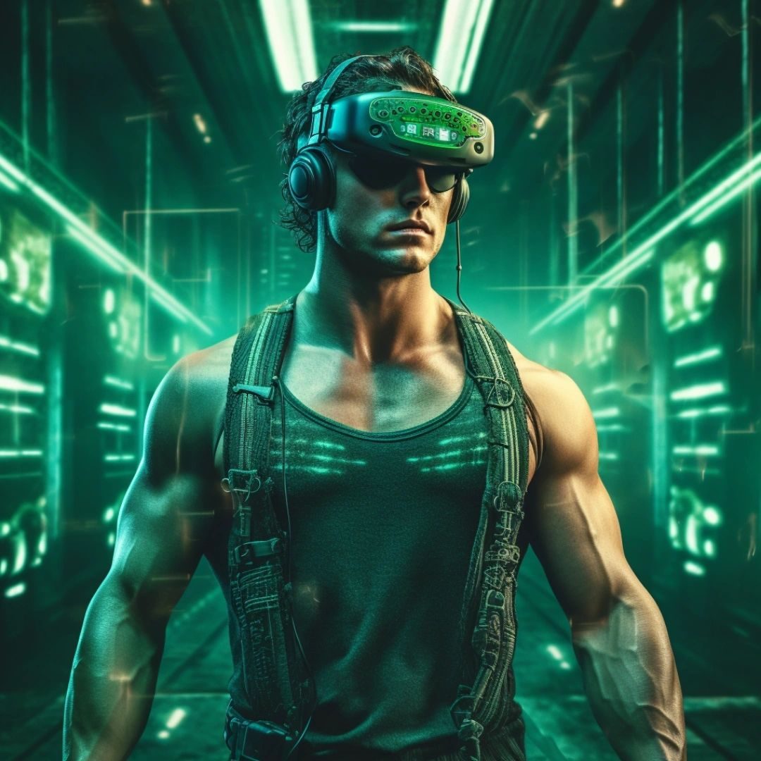 A muscular man in a vest and VR headset in a green-lit sci-fi corridor