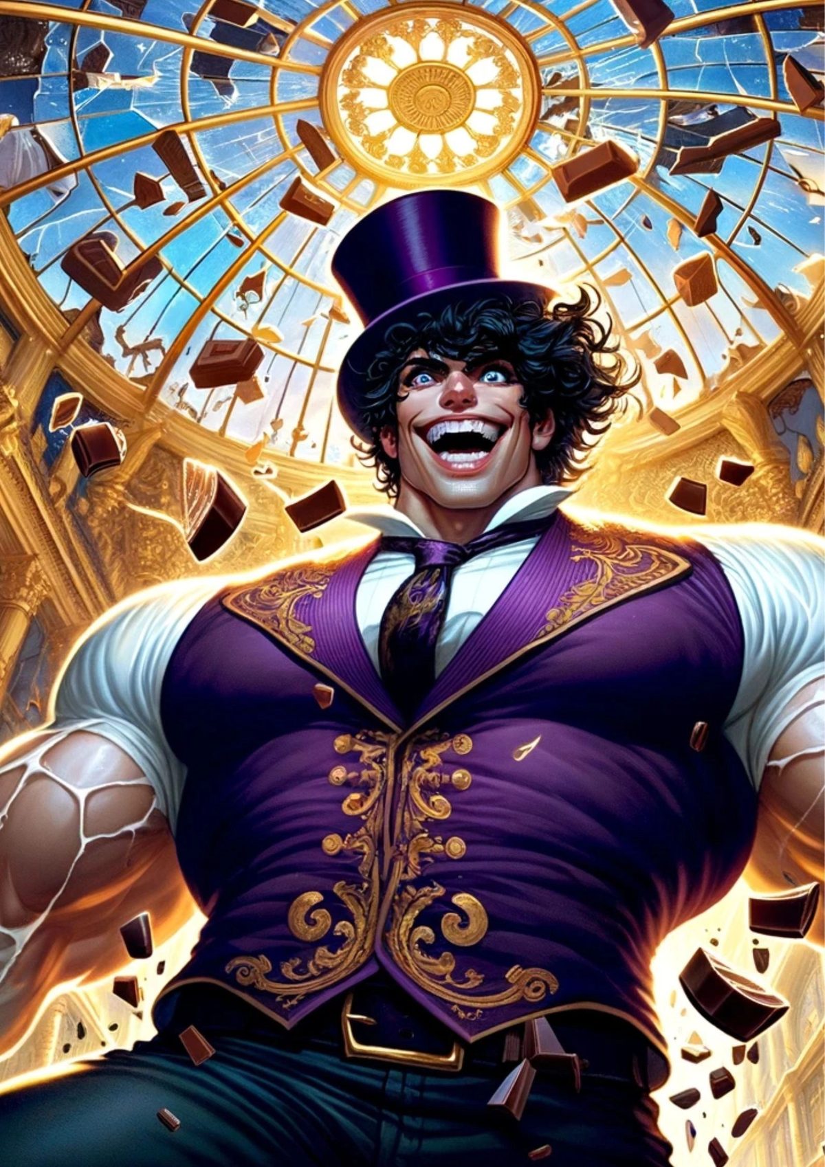 A grinning muscular chocolatier in a purple waistcoat and top hat amid flying chocolate