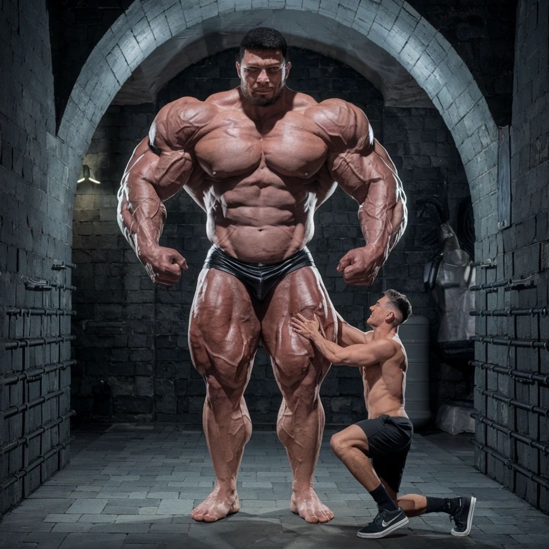 A hyper-muscular giant in black briefs in a stone dungeon, a smaller man kneeling to hug his leg