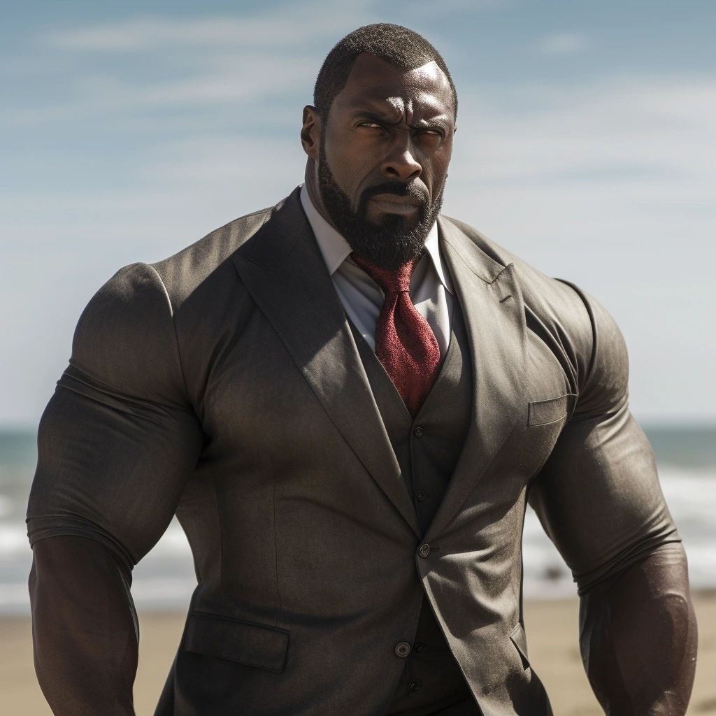 A huge muscular man in a tight grey suit and red tie on a beach