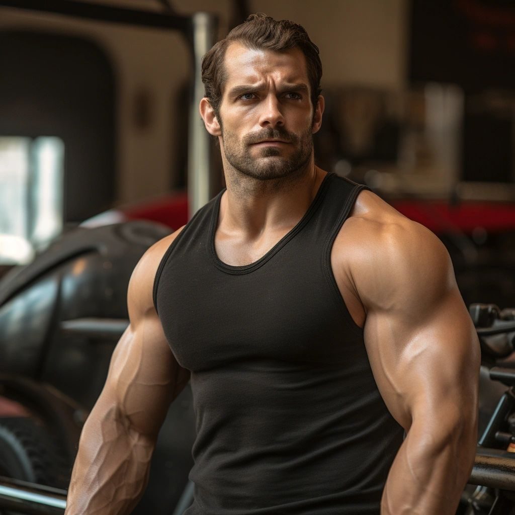 A muscular dark-haired man in a black vest in a garage