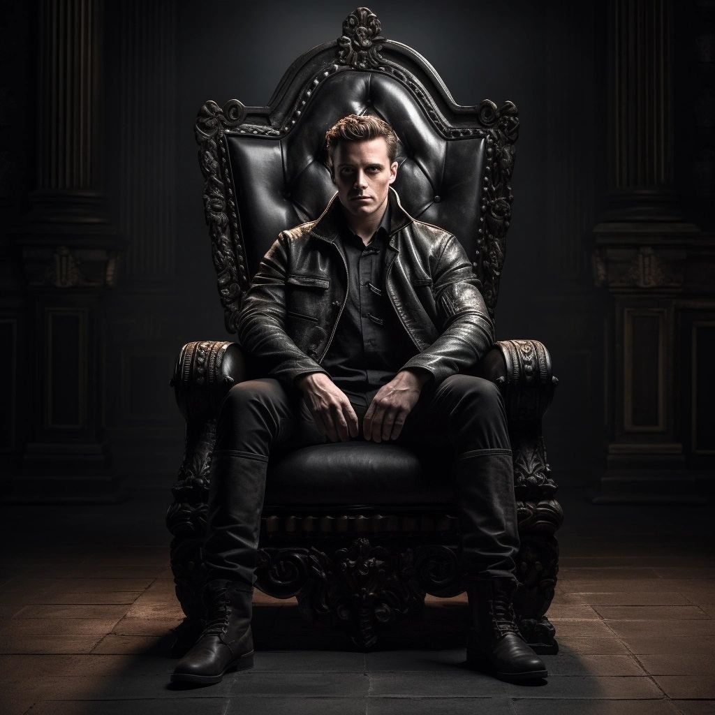A man in a leather jacket sitting on a black throne in a dark room
