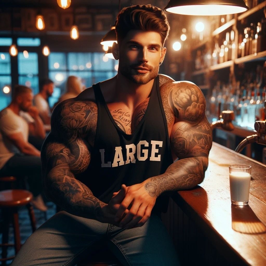 A tattooed muscleman in a 'Large' vest sitting at a bar