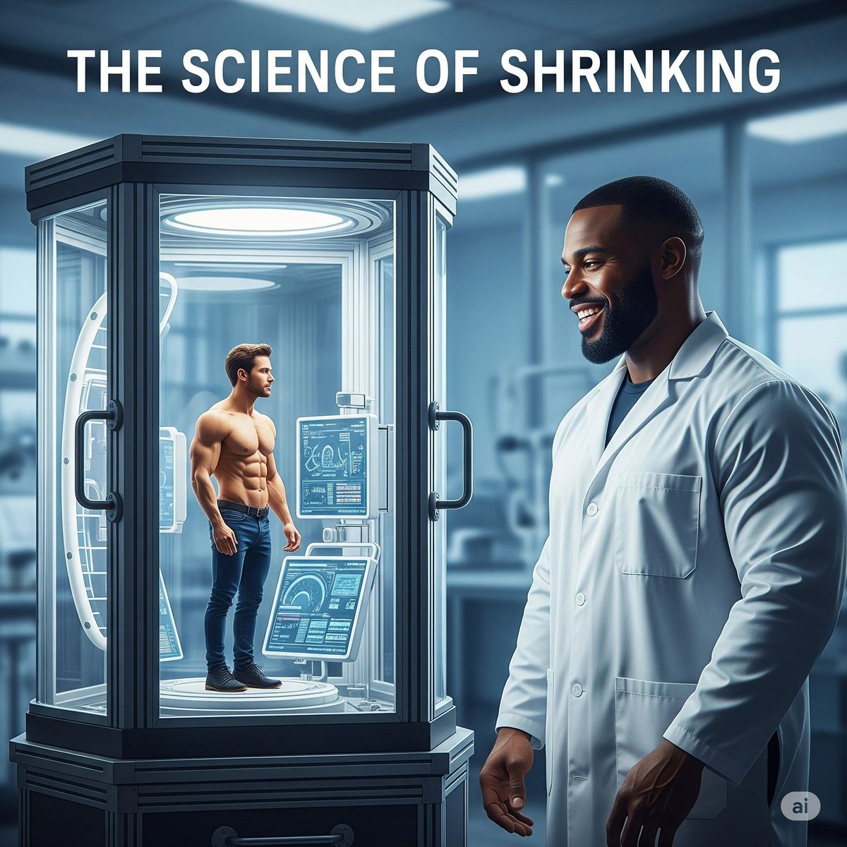 The Science of Shrinking: a shirtless man in a glass chamber watched by a scientist in a lab coat