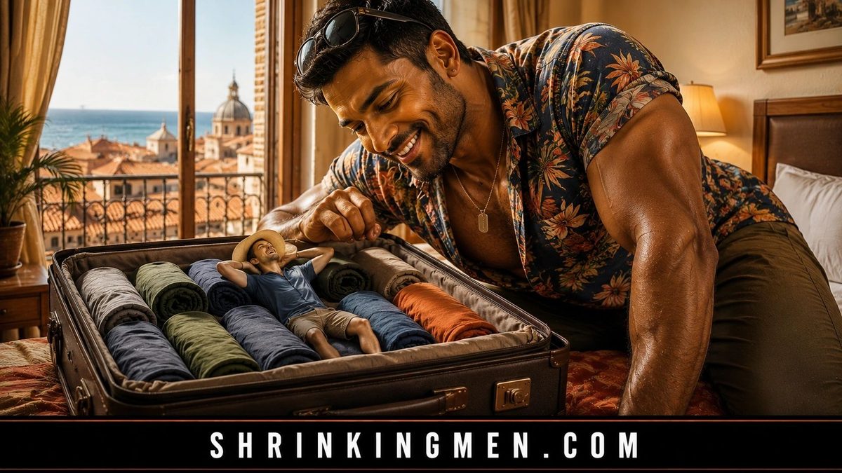 A man in a floral shirt packing a tiny man into a suitcase in a seaside hotel room