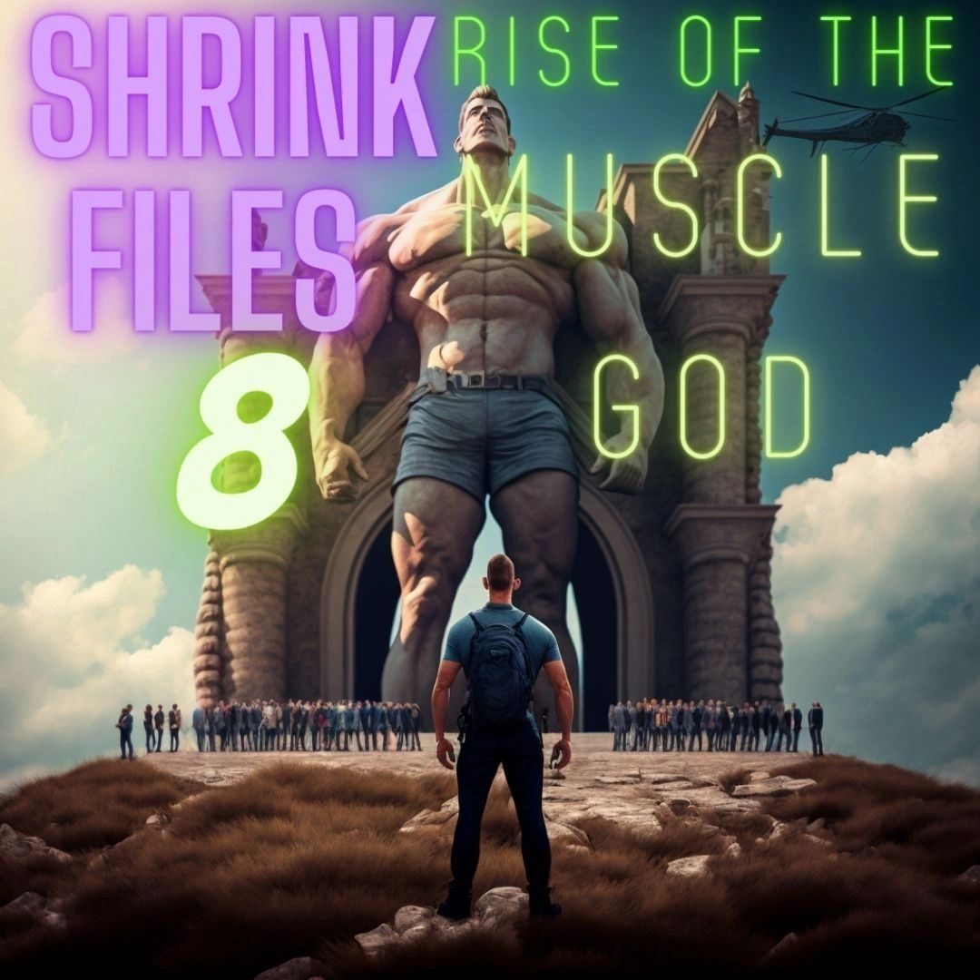 Cover of Shrink Files 8: Rise of the Muscle God, a giant muscleman in shorts above a crowd
