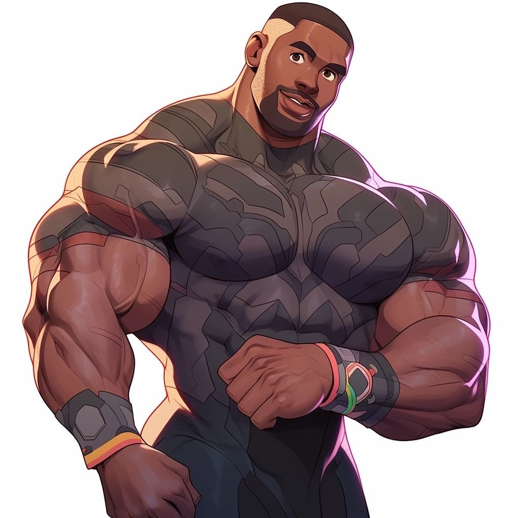 Cartoon of hugely muscled bodybuilder