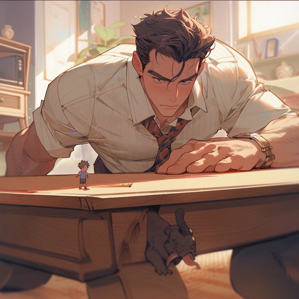 Tiny man on desk being observed by giant man