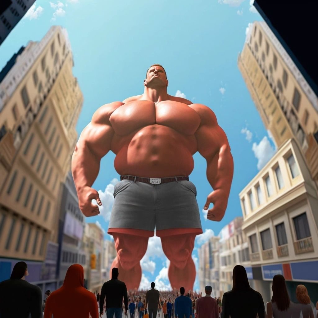 A giant muscleman in grey shorts standing in a city street above a crowd