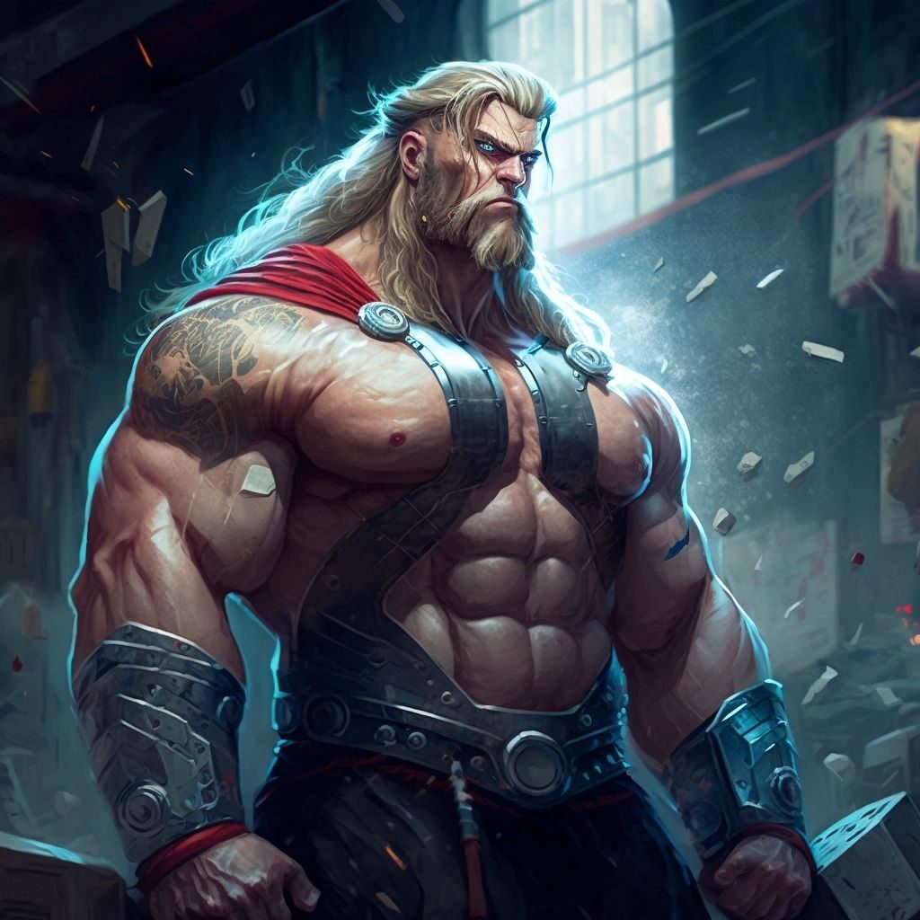 A muscular long-haired Thor-like warrior with a red cape and armoured bracers
