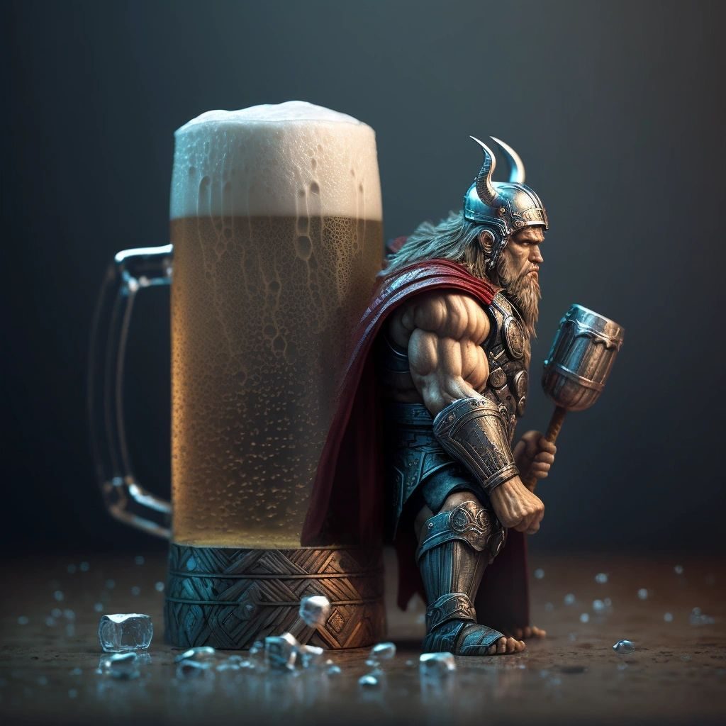 A tiny Thor figure with his hammer leaning against a giant glass of beer