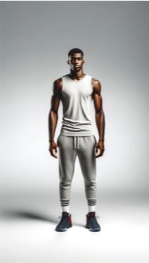 A tall slim man in a white vest and grey joggers on a white background