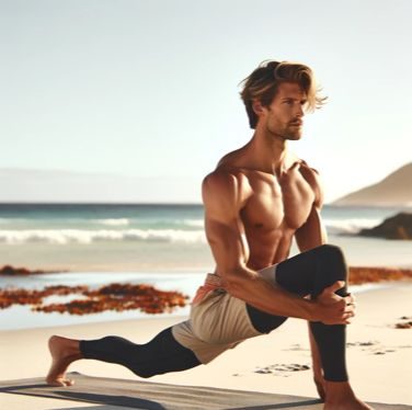 A shirtless man stretching in a lunge on a sunny beach