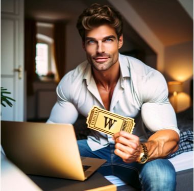 A muscular man in a white shirt holding a golden ticket beside his laptop