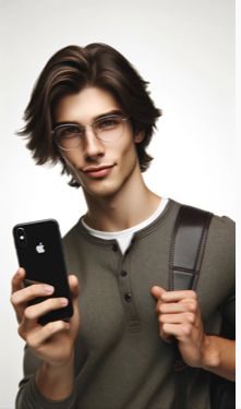 A slim man in glasses holding a smartphone, with a backpack over his shoulder