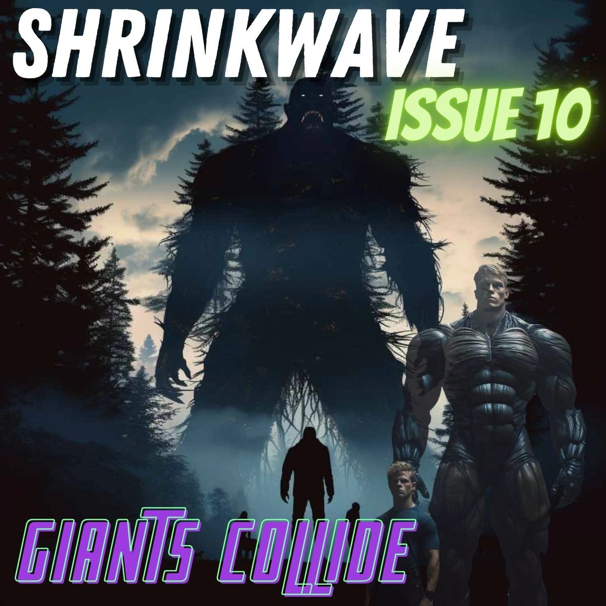 Cover of Shrinkwave Issue 10: Giants Collide, a huge shadowy giant facing an armoured man in a forest