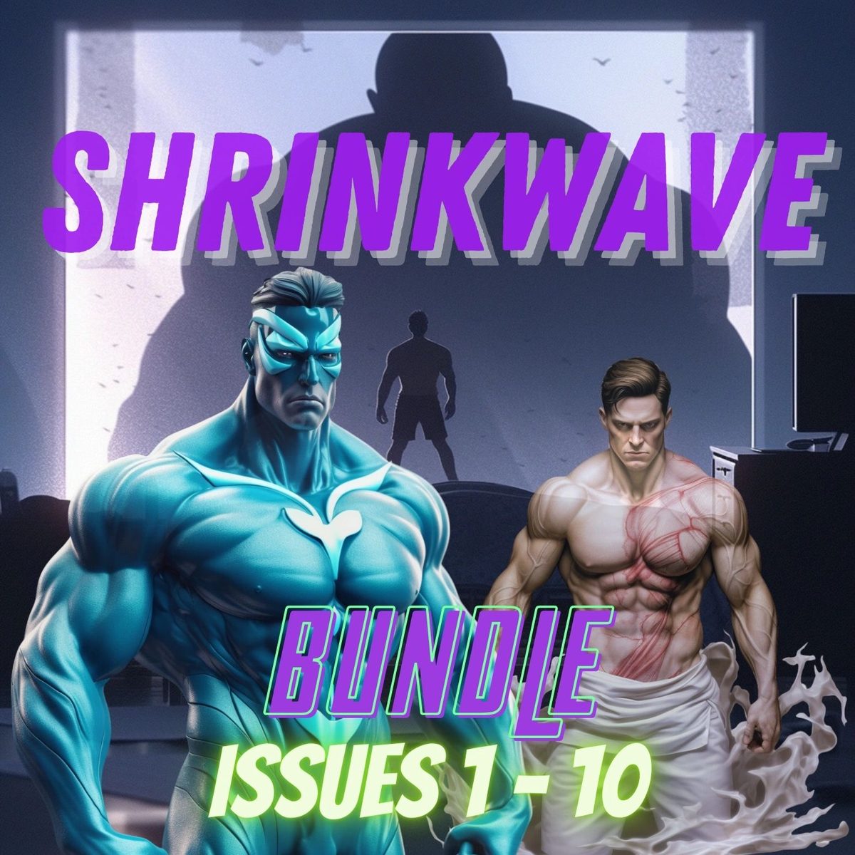 Cover of the Shrinkwave Bundle, Issues 1-10, a blue superhero and a muscular man before a giant