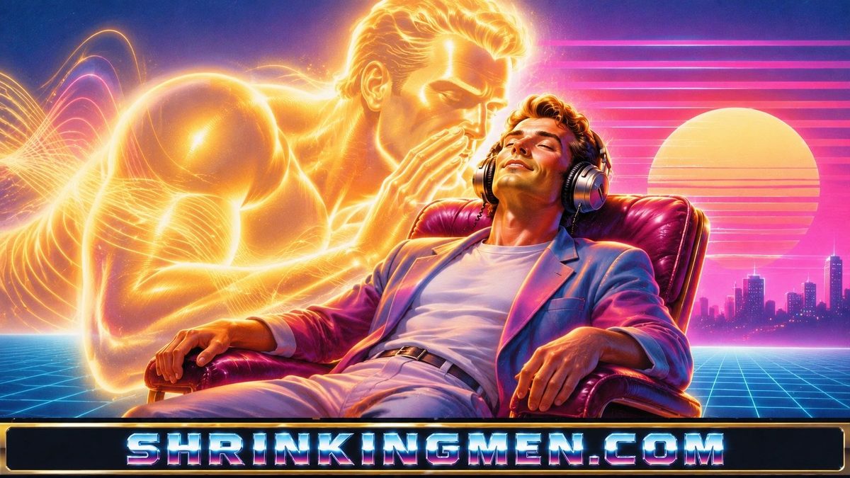Retro neon art of a glowing giant whispering to a man in headphones in an armchair