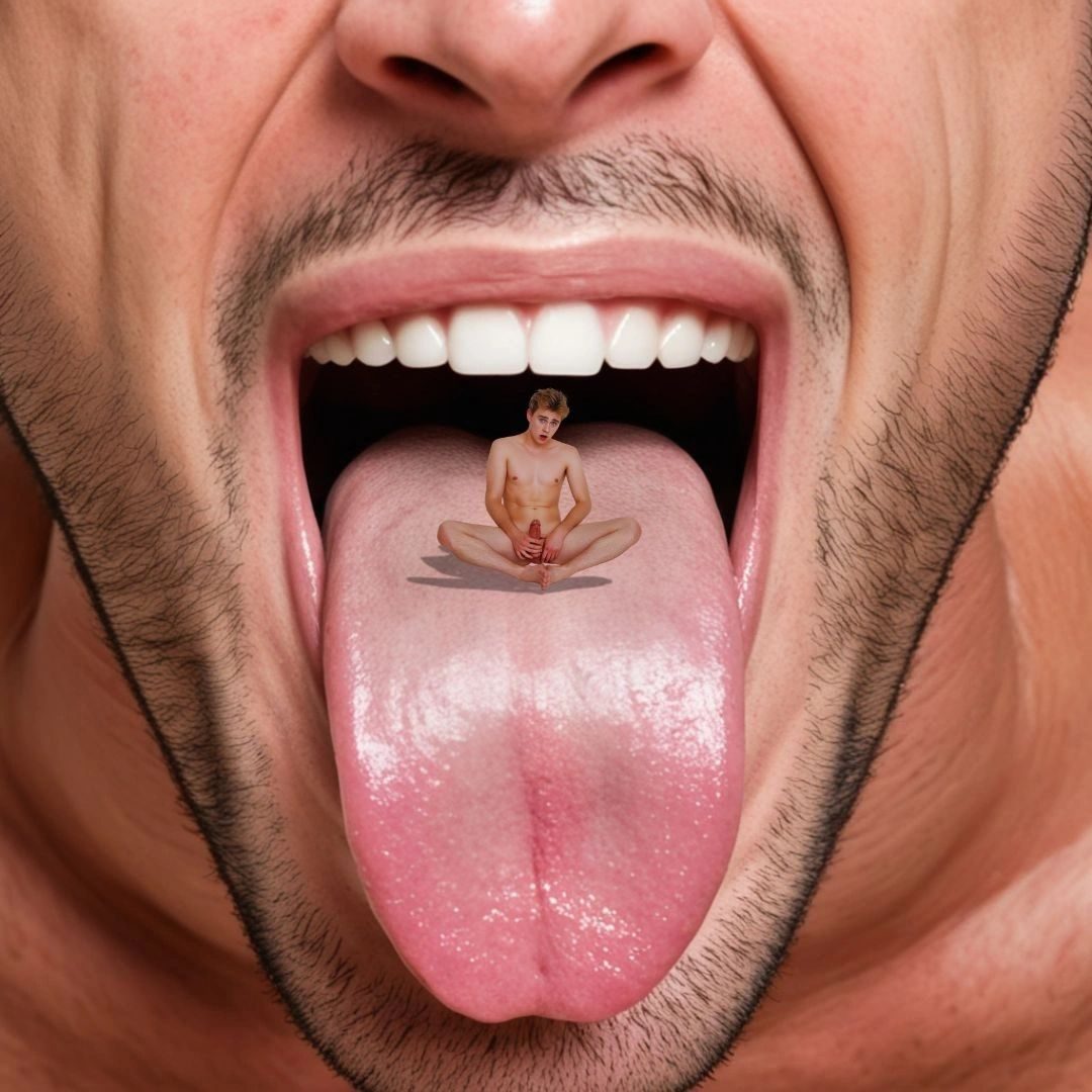 Close-up of a man's mouth with a tiny man standing on his tongue, illustrating mouthplay fantasy.