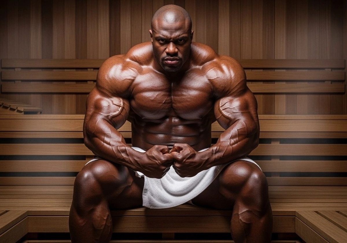 A huge bald bodybuilder in a white towel sitting in a wooden sauna