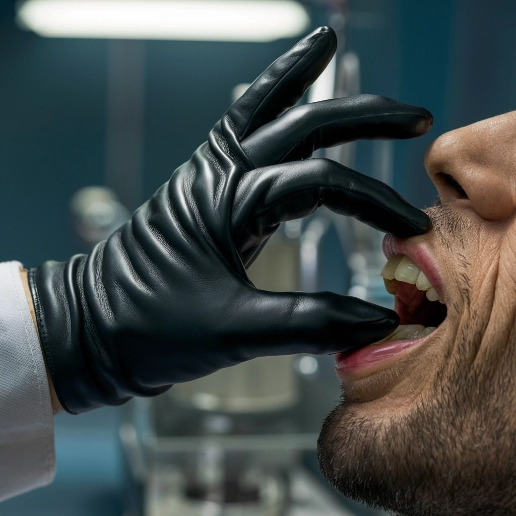 A black-gloved hand reaching into a bearded man's open mouth