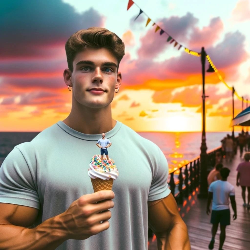 A man on a seaside pier at sunset holding an ice cream with a tiny man on top