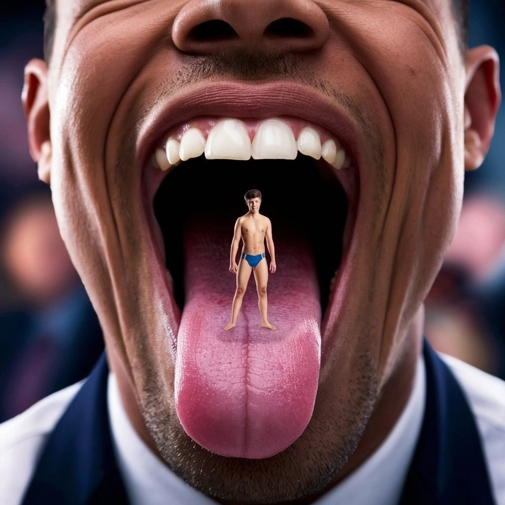 A tiny man in blue briefs standing on the tongue of a giant man's open mouth